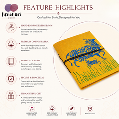 Handcrafted Embroidered Journal with Handmade Paper Fabric Cover & Bahi Khata Closure Diary for Writing Sketching & Gifting | Yellow | 8 x 5 inches