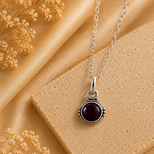 925 Sterling Silver Garnet Gemstone Classic Round Design Pendant