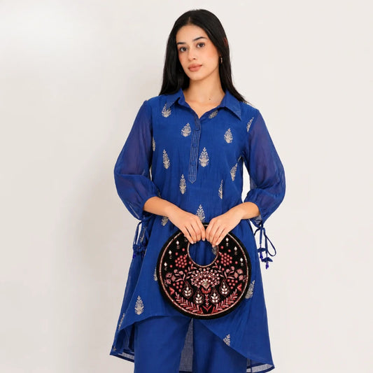 Traditional Black Suede Round Handbag with Floral Embroidery, Gota Patti & Sequin Work