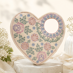 Heart Shape Embroidered Handbag, Off White Soft Poly Suede Fabric with Multi Pastel Thread Embroidery and Gota Patti Work