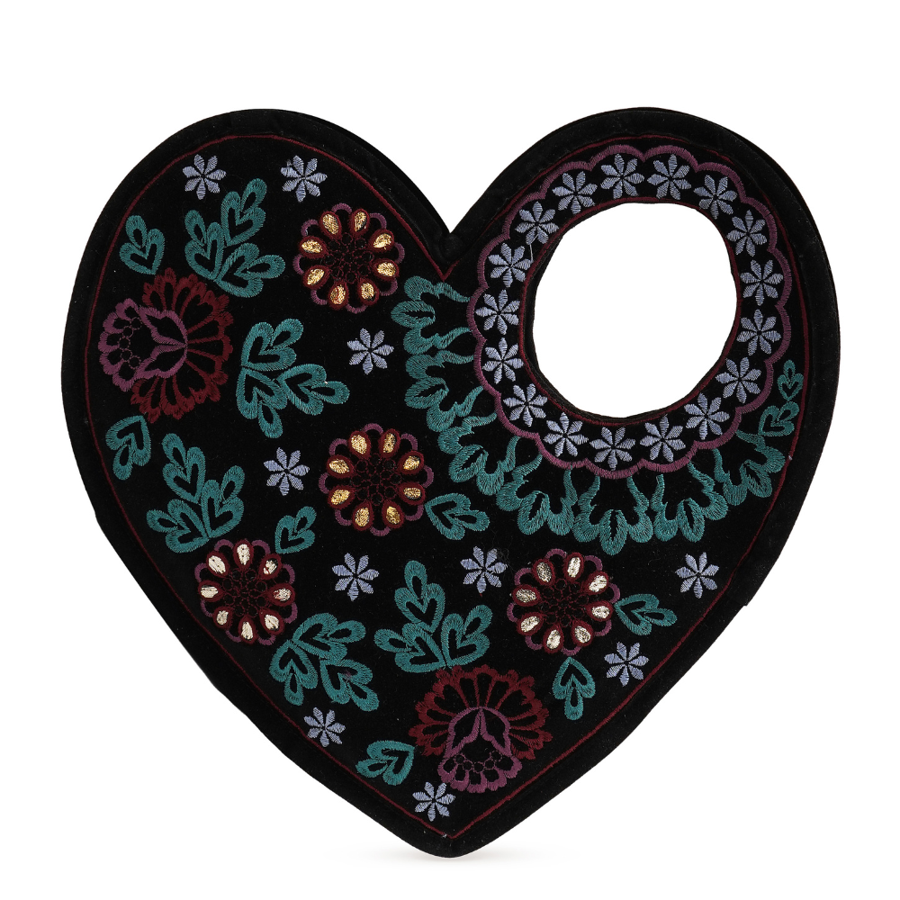 Handmade Heart Shape Handbag, Black Soft Poly Suede Fabric with Earthy Colour Embroidery and Gota Patti Work