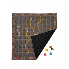 "SNAKES & LADDER" Board Game Embroidered Cotton Fabric Mat with Wooden Playing Coins, Dice and Zip Pouch, Traditional 1–100 Indoor Game