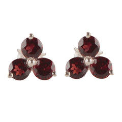 925 silver 3 tiny round stone faceted garnet eartops handmade in prongs setting with push closure