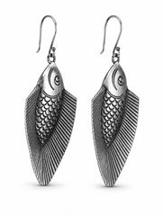 925 Sterling Silver Oxidized Fish Shape Drop Earrings for Women, Detailed Design with Hook Closure