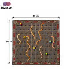 "SNAKES & LADDER" Board Game Embroidered Cotton Fabric Mat with Wooden Playing Coins, Dice and Zip Pouch, Traditional 1–100 Indoor Game