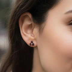 925 silver 3 tiny round stone faceted garnet eartops handmade in prongs setting with push closure