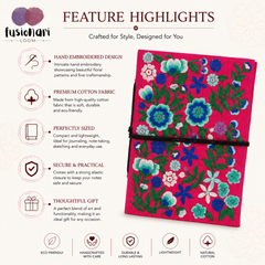 Handcrafted Embroidered Journal with Handmade Paper Fabric Cover & Bahi Khata Closure Diary for Writing Sketching & Gifting | Pink | 7 x 5 inches