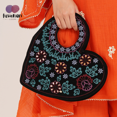 Handmade Heart Shape Handbag, Black Soft Poly Suede Fabric with Earthy Colour Embroidery and Gota Patti Work