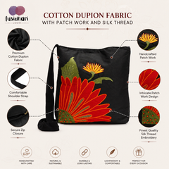 Handmade Floral Crossbody Black Bag made from Dupion & cotton Duck Fabric with Embroidery For Women & Girls