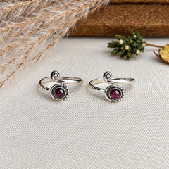 925 Silver Toe Ring Garnet Round Shape Cabochon Cut Bezel Setting