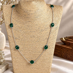 925 Silver Green Onyx Gemstone Necklace Round Cabochon Cut in Bezel Setting with Link Chain Design