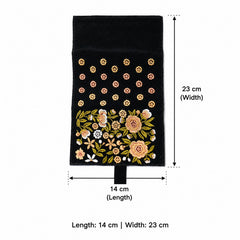 Handmade Jewelry Roll Bag, Black Soft Suede Fabric with Gold Thread Embroidery