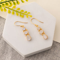 Fusionari 925 Sterling Silver Gold Plated Moonstone Earrings for Women | Natural Healing Gemstone Jewelry | Handmade Minimalist Design | Size 3.9x7 cm | 1 Pair