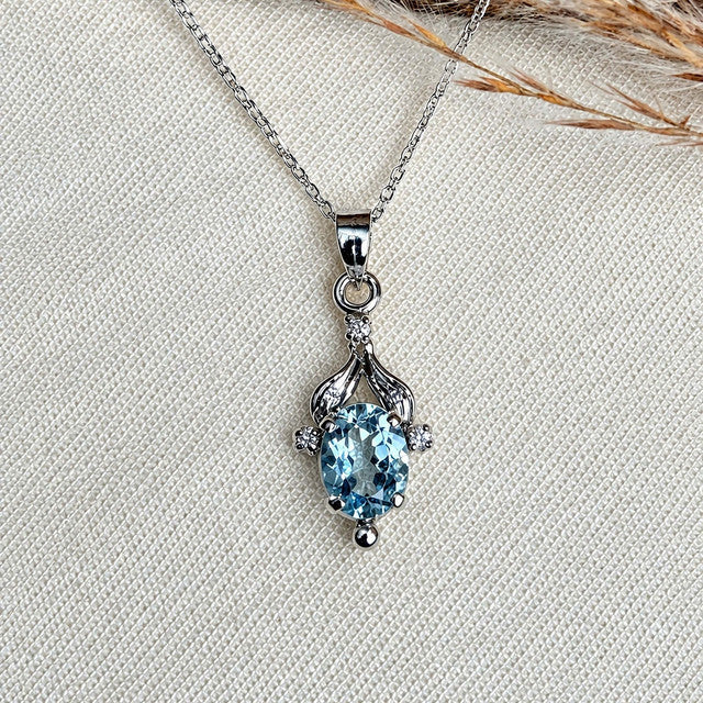 925 Silver Handmade Blue Topaz & AD Zircon Gemstone Oval Pendant