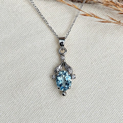 925 Silver Handmade Blue Topaz & AD Zircon Gemstone Oval Pendant