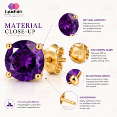 925 Sterling Silver Gold Plated  Amethyst Stud Earrings for Women | Gemstone Stud Eartop | Handmade Silver Jewelry | Elegant Daily Wear Gift