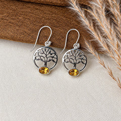 925 Silver Citrine Gemstone Earring Oval Cabochon in Bezel Setting with Tree Design and Hook Earwire