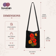 Handmade Floral Crossbody Black Bag made from Dupion & cotton Duck Fabric with Embroidery For Women & Girls