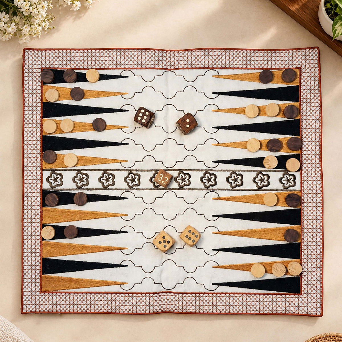 Backgammon Embroidery Fabric Game Mat with Wooden Coins and Dice, Traditional Portable Board Game
