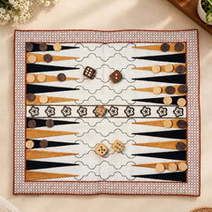 Backgammon Embroidery Fabric Game Mat with Wooden Coins and Dice, Traditional Portable Board Game