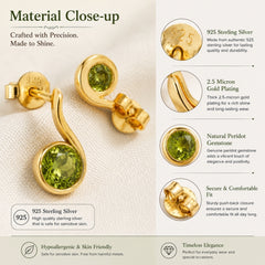 925 Sterling Silver Peridot Gemstone Stud Earrings with 2.5 Micron Gold Plating
