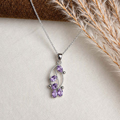 925 Silver Amethyst Gemstone Oval Pendant Curved Floral Cluster Design