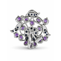 925 Sterling Silver Amethyst & Blue Sapphire Floral Pin, Purple Gemstone Brooch with Leaf Design for Women
