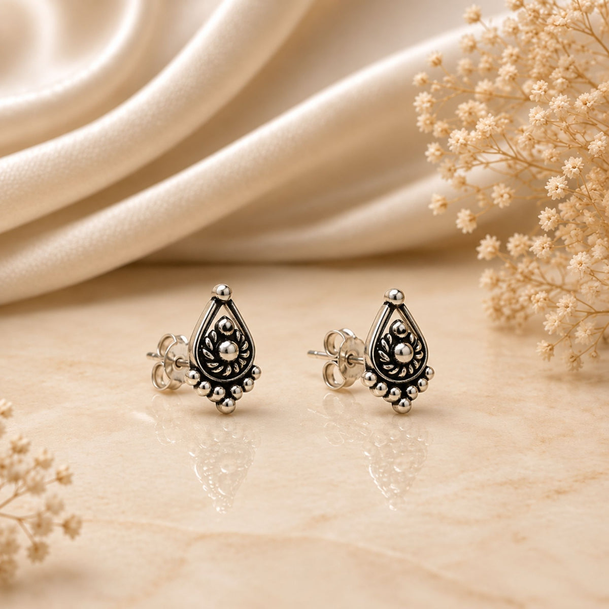 FUSIONARI 925 Sterling Silver Bali Earrings Oxidised Traditional Tribal Ethnic Handmade Jewelry Stud Design