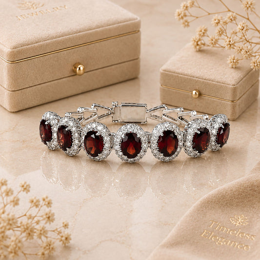 925 Silver Garnet Bracelet with Oval Gemstone Handmade in Prong Setting with Lobster Claw Closure