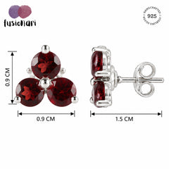 925 silver 3 tiny round stone faceted garnet eartops handmade in prongs setting with push closure
