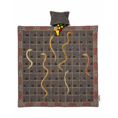 "SNAKES & LADDER" Board Game Embroidered Cotton Fabric Mat with Wooden Playing Coins, Dice and Zip Pouch, Traditional 1–100 Indoor Game