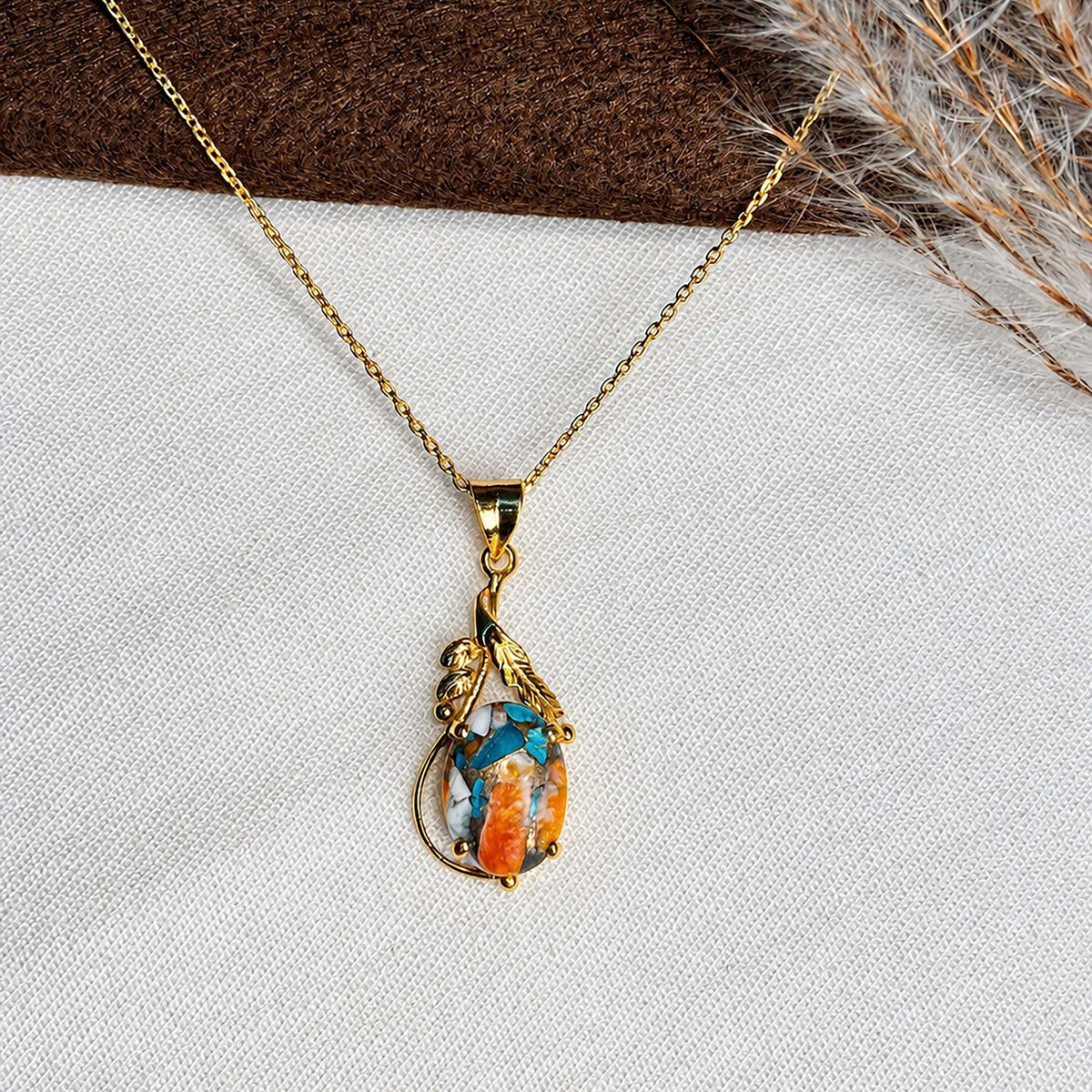 925 Silver Handmade Turquoise Oval Gemstone Gold Plated Leaf Design Pendant