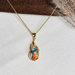 925 Silver Handmade Turquoise Oval Gemstone Gold Plated Leaf Design Pendant