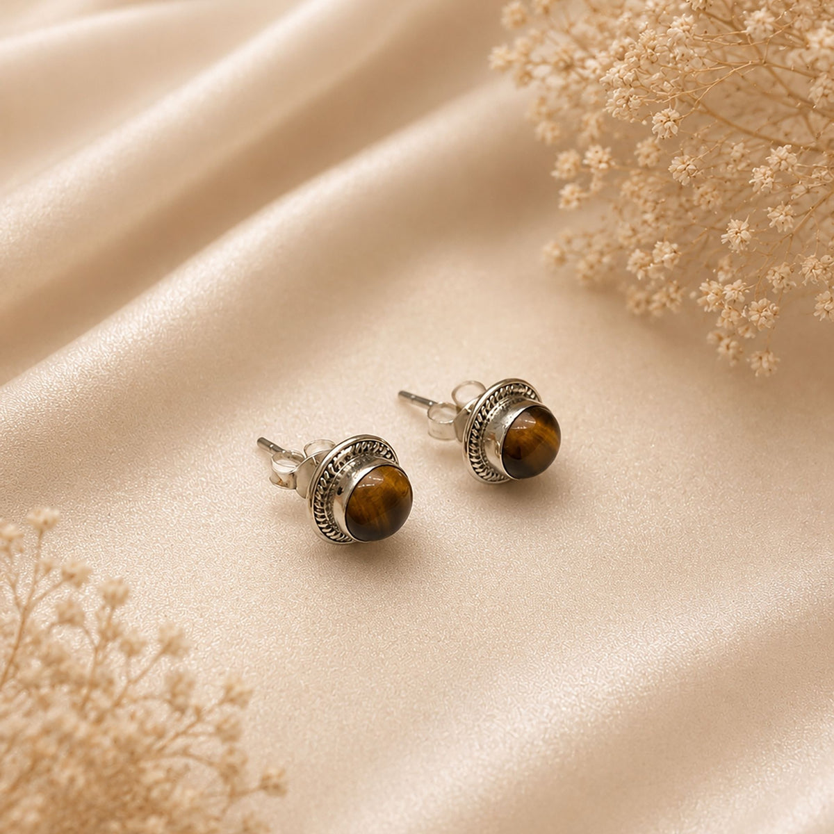 FUSIONARI 925 Sterling Silver Tiger Eye Gemstone Round Stud Earrings