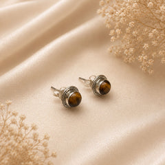 FUSIONARI 925 Sterling Silver Tiger Eye Gemstone Round Stud Earrings