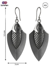 925 Sterling Silver Oxidized Fish Shape Drop Earrings for Women, Detailed Design with Hook Closure