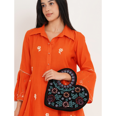 Handmade Heart Shape Handbag, Black Soft Poly Suede Fabric with Earthy Colour Embroidery and Gota Patti Work