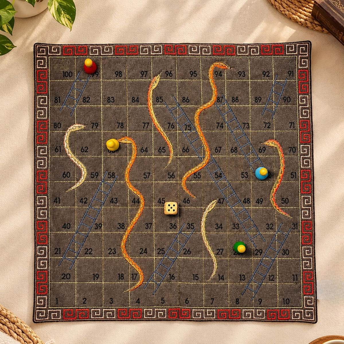 "SNAKES & LADDER" Board Game Embroidered Cotton Fabric Mat with Wooden Playing Coins, Dice and Zip Pouch, Traditional 1–100 Indoor Game