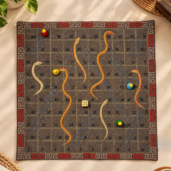 "SNAKES & LADDER" Board Game Embroidered Cotton Fabric Mat with Wooden Playing Coins, Dice and Zip Pouch, Traditional 1–100 Indoor Game