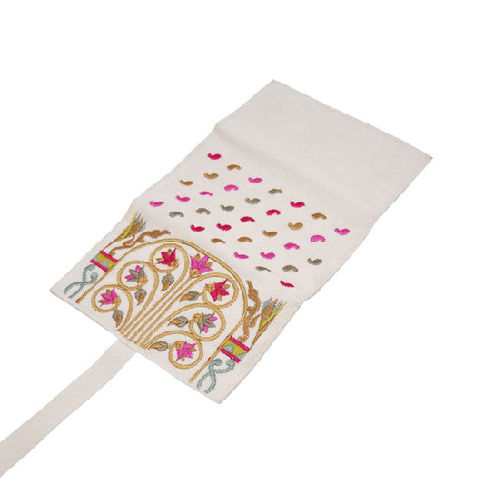Handmade Jewelry Roll Bag, White Soft Suede Fabric with Gold Thread Embroidery