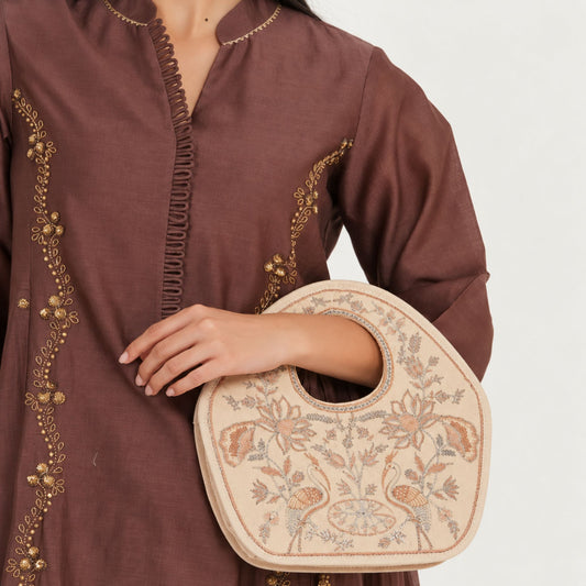 Peacock Embroidered Handbag, Beige Soft Poly Suede Fabric with Off White Thread Embroidery, Dori Cording and Black Nylon Detailing