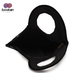 Handmade Heart Shape Handbag, Black Soft Poly Suede Fabric with Earthy Colour Embroidery and Gota Patti Work