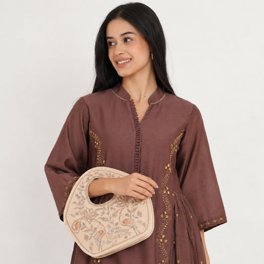 Peacock Embroidered Handbag, Beige Soft Poly Suede Fabric with Off White Thread Embroidery, Dori Cording and Black Nylon Detailing