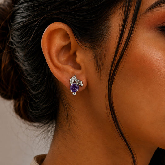 925 Sterling Silver Amethyst Gemstone Eartops Leaf Design Rhodium Plated Handmade Jewelry Stud