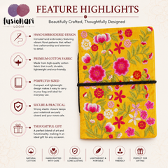 Handcrafted Embroidered Journal with Handmade Paper Fabric Cover & Bahi Khata Closure Diary for Writing Sketching & Gifting | Yellow | 7 x 5 inches