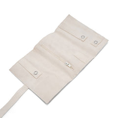 Handmade Jewelry Roll Bag, White Soft Suede Fabric with Gold Thread Embroidery