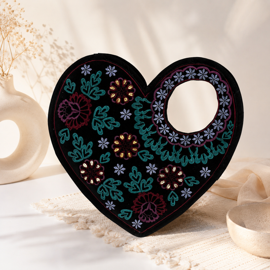 Handmade Heart Shape Handbag, Black Soft Poly Suede Fabric with Earthy Colour Embroidery and Gota Patti Work