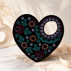 Handmade Heart Shape Handbag, Black Soft Poly Suede Fabric with Earthy Colour Embroidery and Gota Patti Work