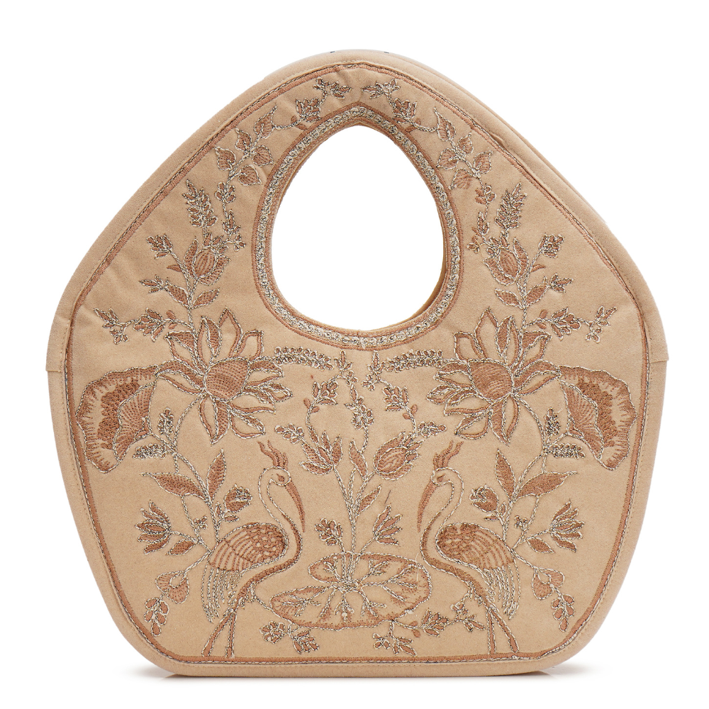 Peacock Embroidered Handbag, Beige Soft Poly Suede Fabric with Off White Thread Embroidery, Dori Cording and Black Nylon Detailing