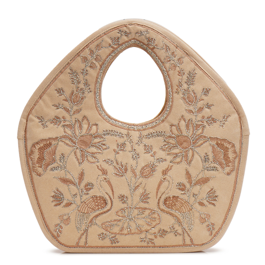 Peacock Embroidered Handbag, Beige Soft Poly Suede Fabric with Off White Thread Embroidery, Dori Cording and Black Nylon Detailing
